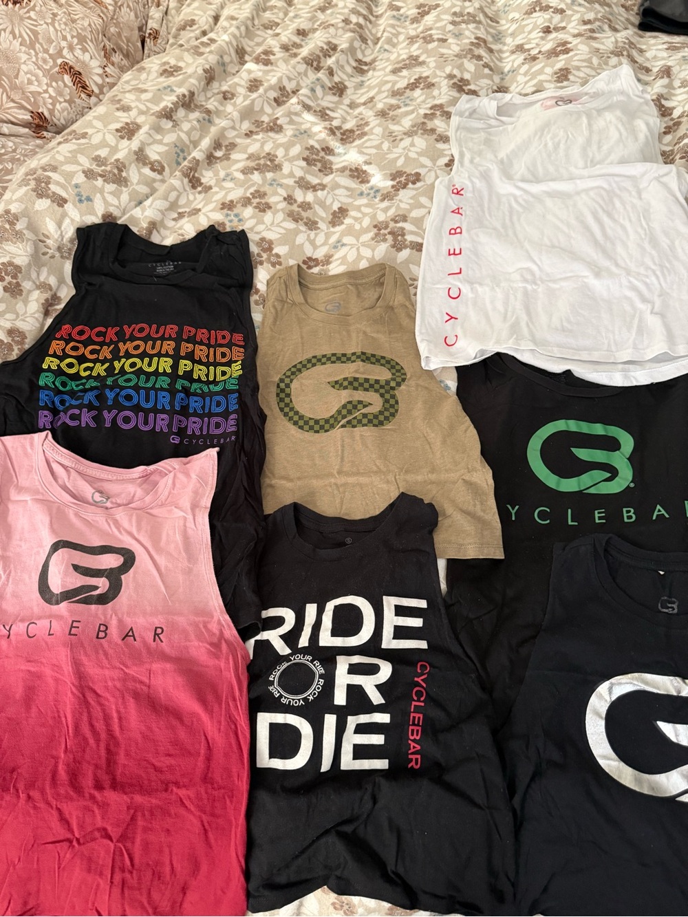 Cyclebar Tank & Tee Bundle in Black, White, Pink Ombré, Tan & Green